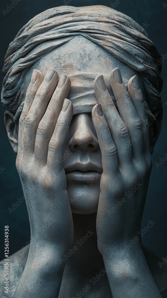 Woman in stone with hands over her blindfolded eyes