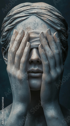 Obraz na płótnie Woman in stone with hands over her blindfolded eyes w salonie