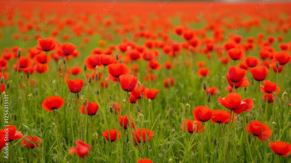 Vibrant Red Poppies Blooming Across an Endless Green Field Vibrant Red Poppies Blooming Across an Endless Green Field
