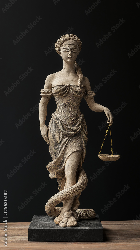 Lady Justice blindfolded holds one scale vertical
