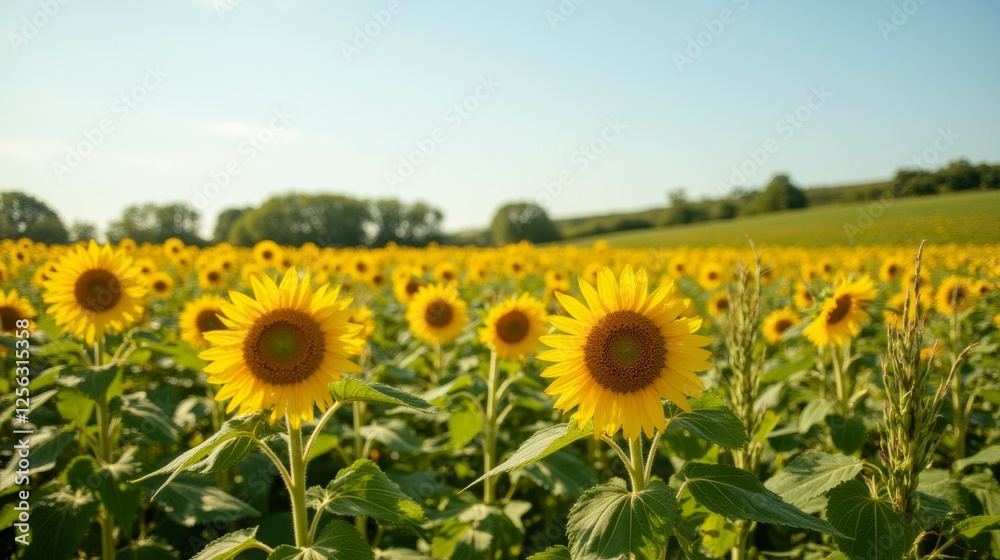 Fototapeta premium Bright Sunflowers in Full Bloom Under Clear Blue Sky