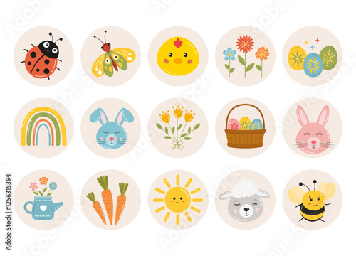 Easter collection of round circle stickers, highlights, badges with bunnies, spring flowers, colorful eggs, butterflies, Easter basket. Easter background, bright holiday clip art.