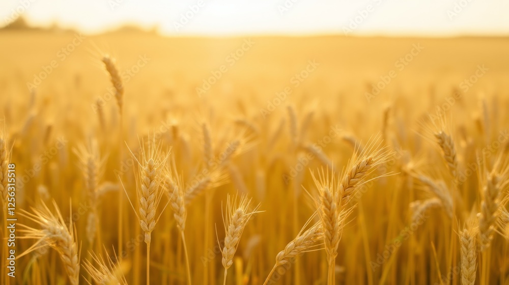 Golden Wheat Field Under Warm Sunlight in Rural Landscape Scene Golden Wheat Field Under Warm Sunlight in Rural Landscape Scene