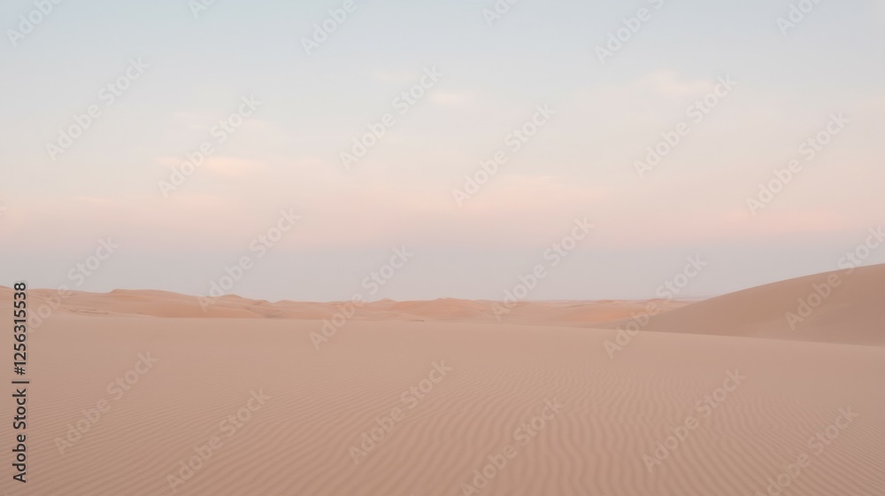 Expansive Desert Landscape with Soft Pastel Sky and Sand Dunes Expansive Desert Landscape with Soft Pastel Sky and Sand Dunes