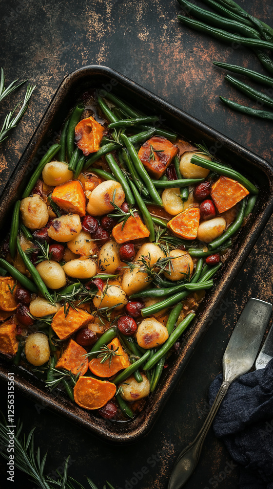 Sheet pan dinner of gnocchi, sweet potatoes and green beans