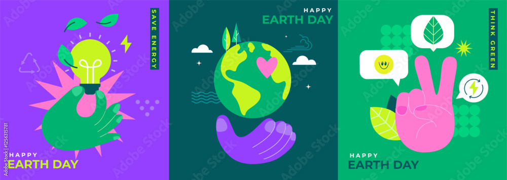 Fototapeta premium Set conceptual cards for Earth Day,world environment day.Save energy,take care of world,think green live in eco friendly world. Posters, flyers for web, social media, design,marketing and print.Vector