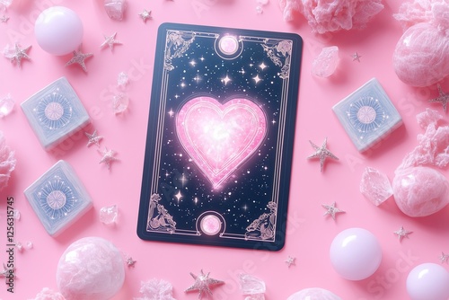 Intriguing mystical heart tarot card illustration featuring cosmic and celestial elements on a pastel pink background.