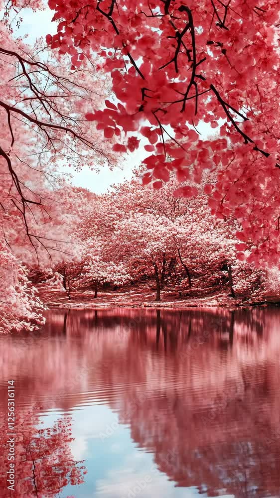 Serene reflection of pink foliage in still water during spring in a tranquil park setting Serene reflection of pink foliage in still water during spring in a tranquil park setting