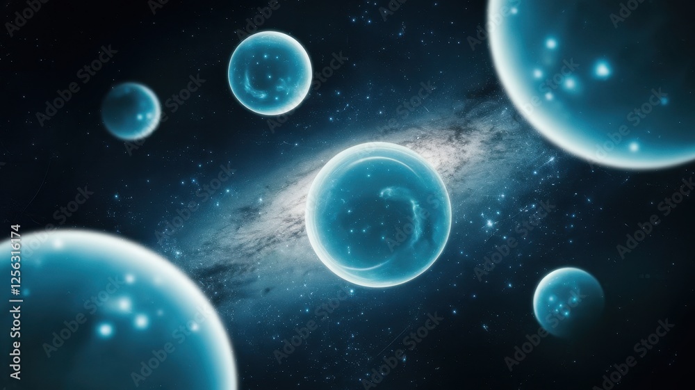 A stunning display of glowing blue spheres floating in space, set against a backdrop of a swirling galaxy, evoking feelings of wonder and exploration. A stunning display of glowing blue spheres floating in space, set against a backdrop of a swirling galaxy, evoking feelings of wonder and exploration.