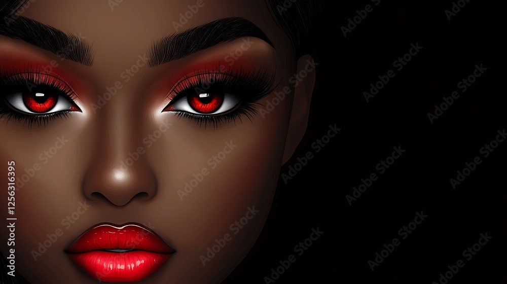 Fototapeta premium Woman's face, red makeup, dark background, beauty