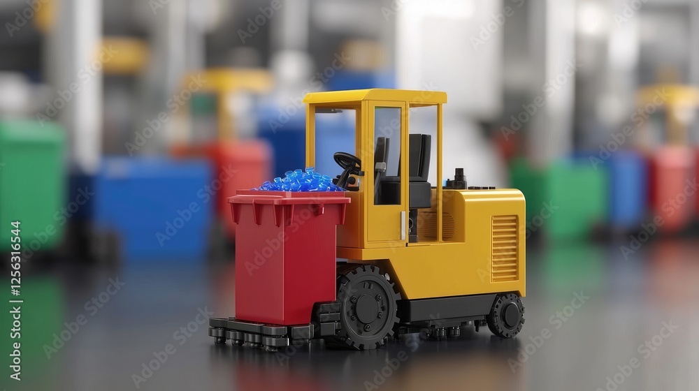Waste management action with toy forklift factory setting image focus industrial environment close-up view Waste management action with toy forklift factory setting image focus industrial environment close-up view