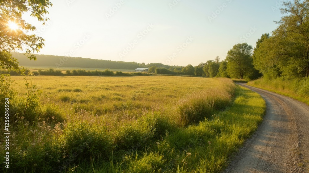 Obraz premium Serene Country Road Through Golden Fields at Sunrise in Summer