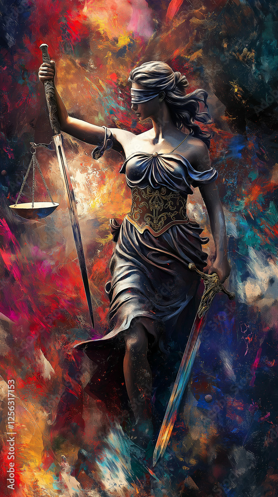 Symbol of justice with swords and scale vertical