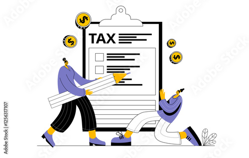 Two characters filling in a tax form. Vector illustration on the topic of taxes and personal finance. Modern vector illustration in a linear style.