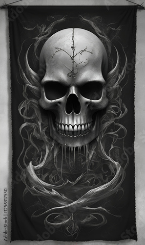 Fluttering pirate flag with a skull, having withstood the storm.