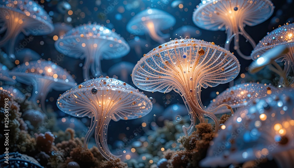 Des méduses translucides aux tentacules colorés et lumineux dérivant paisiblement à travers une lumière éclatante.- Des méduses translucides aux tentacules colorés et lumineux dérivant paisiblement à travers une lumière éclatante.-