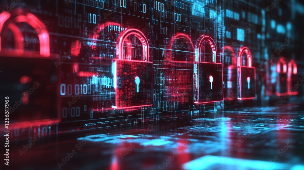 Fototapeta premium Abstract Cybersecurity Background With Glowing Red Locks and Digital Grid Highlighting Data Protection and Internet Security Concepts