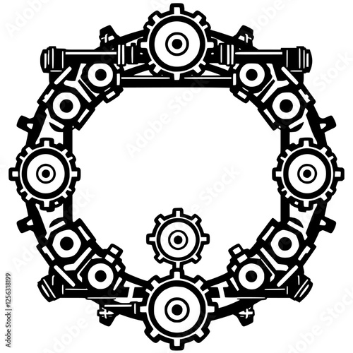 Mechanical, circular, gear-filled, black-and-white illustration of a ring frame, gears, and mechanisms.