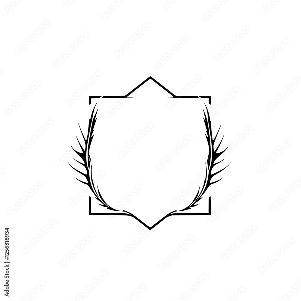 Minimalist black and white graphic emblem featuring an asymmetrical decorative floral arrangement. Minimalist black and white graphic emblem featuring an asymmetrical decorative floral arrangement.