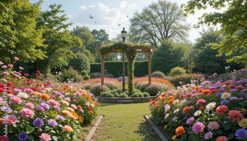  Un jardin paisible parsemé de fleurs en pleine floraison, au centre duquel se dresse une croix en bois, entourée de colombes.- photo