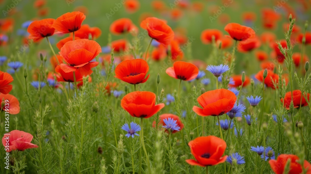 Vibrant Red Poppies and Blue Wildflowers in a Lush Green Field Vibrant Red Poppies and Blue Wildflowers in a Lush Green Field