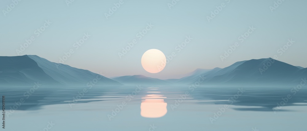 Digital illustration of a beautiful sunrise over a body of water. the sky is a light blue color and the sun is partially visible in the top right corner of the image.
