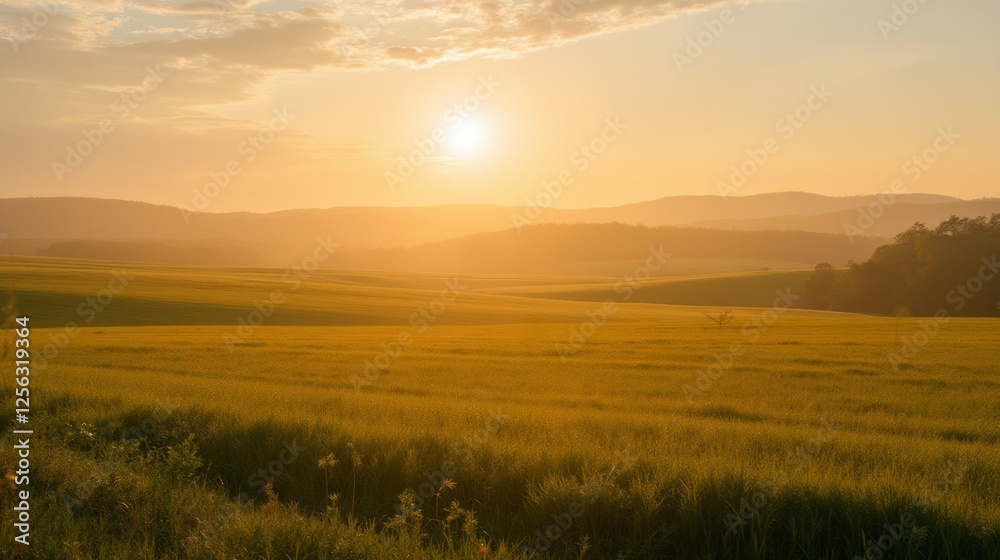 Serene Sunset Over Rolling Fields Surrounded by Gentle Mountains Serene Sunset Over Rolling Fields Surrounded by Gentle Mountains