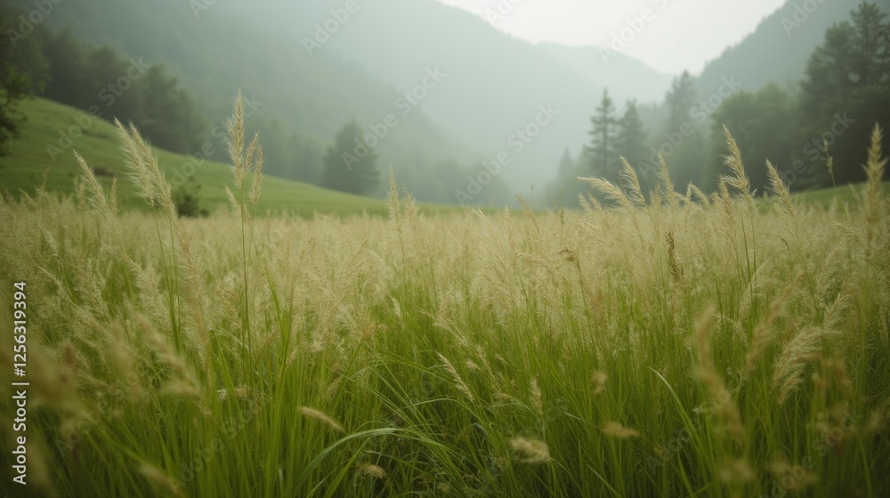 Lush Green Field with Grasses and Misty Mountains in Background Lush Green Field with Grasses and Misty Mountains in Background