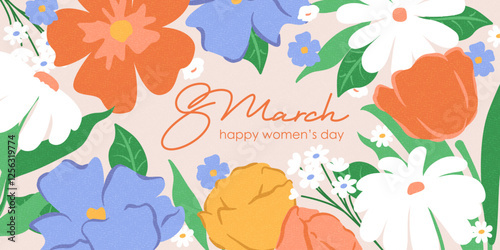 Spring flowers. 8 March, women's day, mother's day holiday cards set. Bright colorful botanical background, pattern. 