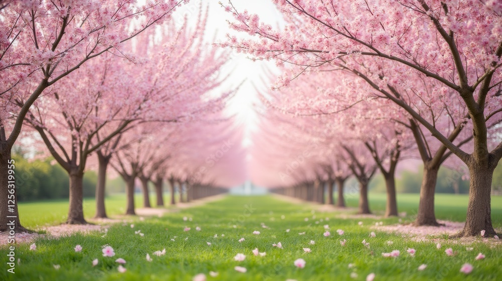 Serene Cherry Blossom Pathway in Full Bloom Under Clear Sky Serene Cherry Blossom Pathway in Full Bloom Under Clear Sky