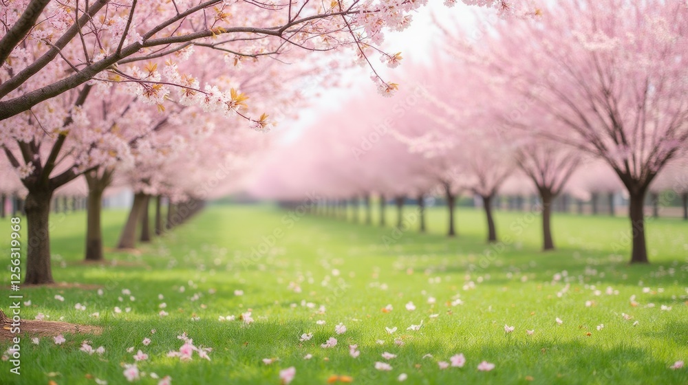 Serene Cherry Blossom Pathway with Soft Pink Flowers and Green Grass Serene Cherry Blossom Pathway with Soft Pink Flowers and Green Grass