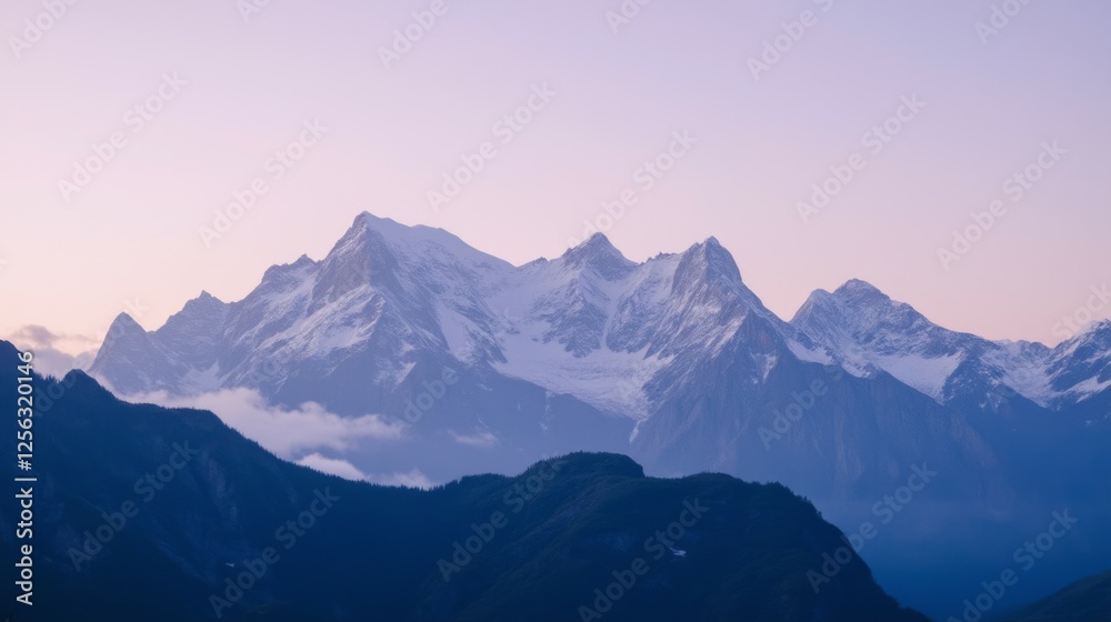Majestic Mountain Range Under Soft Pink Sunrise Sky Majestic Mountain Range Under Soft Pink Sunrise Sky