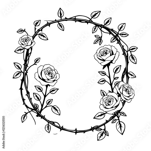Black and white rose circle with thorned vine and leaves.