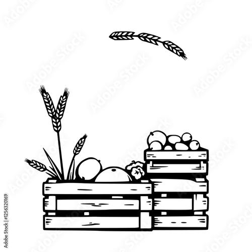 Wheat fields and fruit crates.