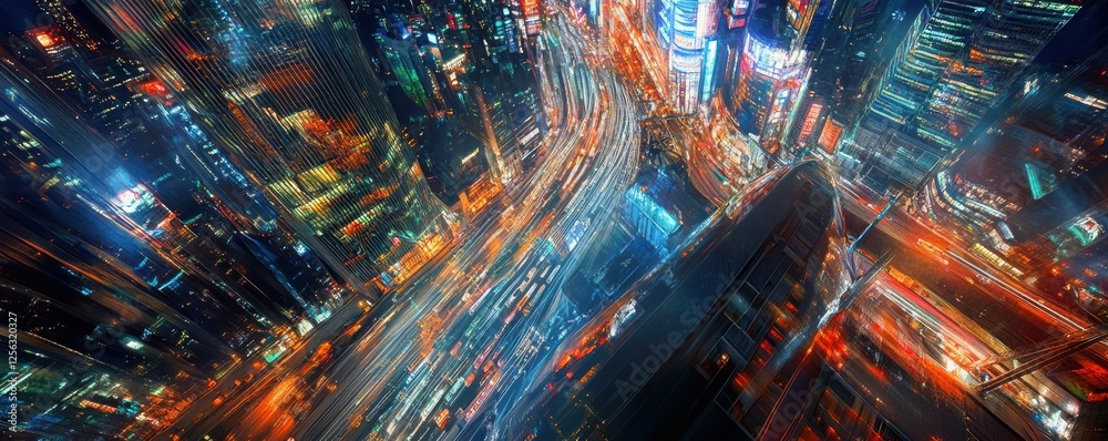 Vibrant night cityscape with blurred traffic and illuminated skyscrapers