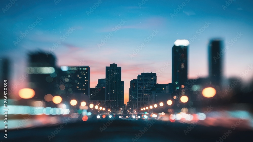 Fototapeta premium A blurred city skyline at dusk, featuring tall buildings and illuminated streetlights creating a dreamy, atmospheric scene.