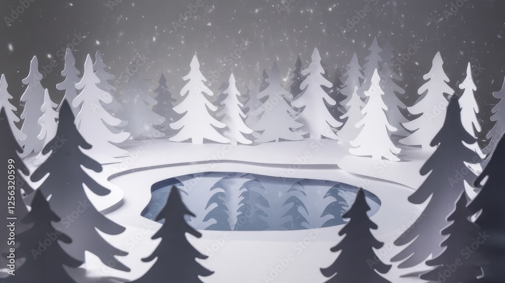 Obraz premium A serene winter landscape featuring white paper pine trees surrounding a tranquil pond, creating a magical snowy scene.