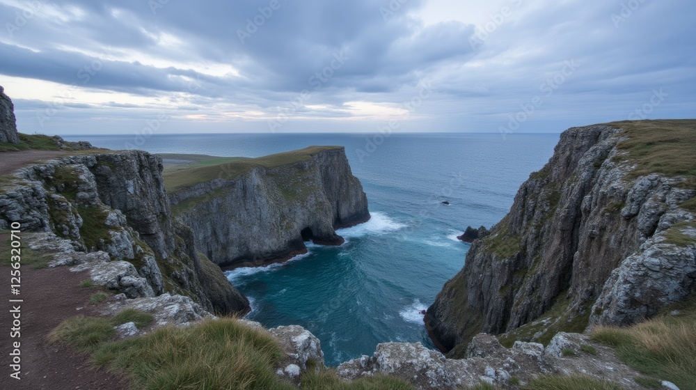 Dramatic Coastal Cliffs with Ocean Waves and Overcast Sky Dramatic Coastal Cliffs with Ocean Waves and Overcast Sky