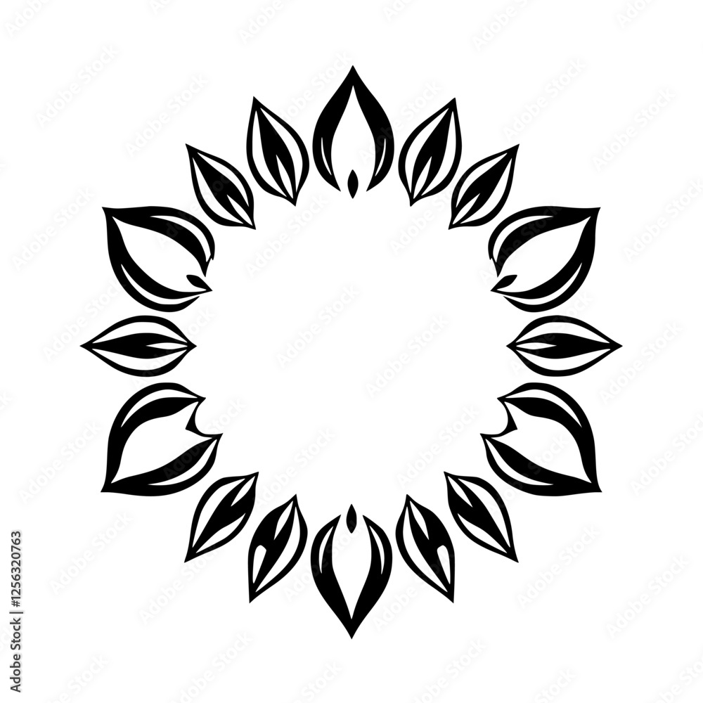 Black & White Floral Mandala: A Geometric Ornament with Leaf-Shaped Details. Black & White Floral Mandala: A Geometric Ornament with Leaf-Shaped Details.