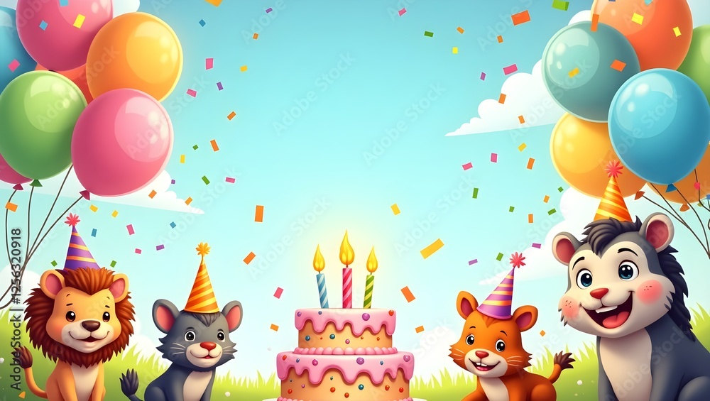 Fototapeta premium fun and vibrant kids birthday background with colorful balloons, cartoon animals and a delicious cake perfect for cheerful birthday invitations and decorations