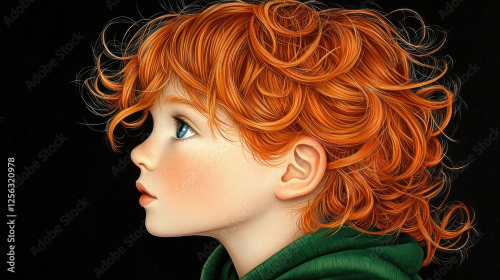 Fototapeta premium Young Child with Vivid Red Curly Hair in Profile