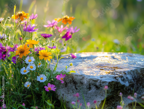 Stone pedestal with wildflowers, in a vibrant nature-inspired setup