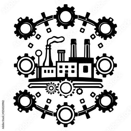 Industrial Factory Gears. Machinery and Factory Concept, Black and White Illustration.