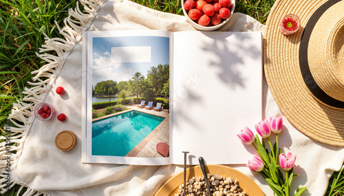 Vibrant picnic setup with magazine and strawberries, summer leisure