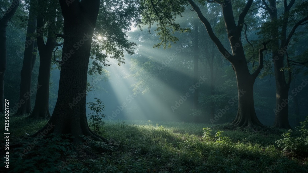 Fototapeta premium Sunlight Rays Breaking Through Trees in a Serene Forest Scene