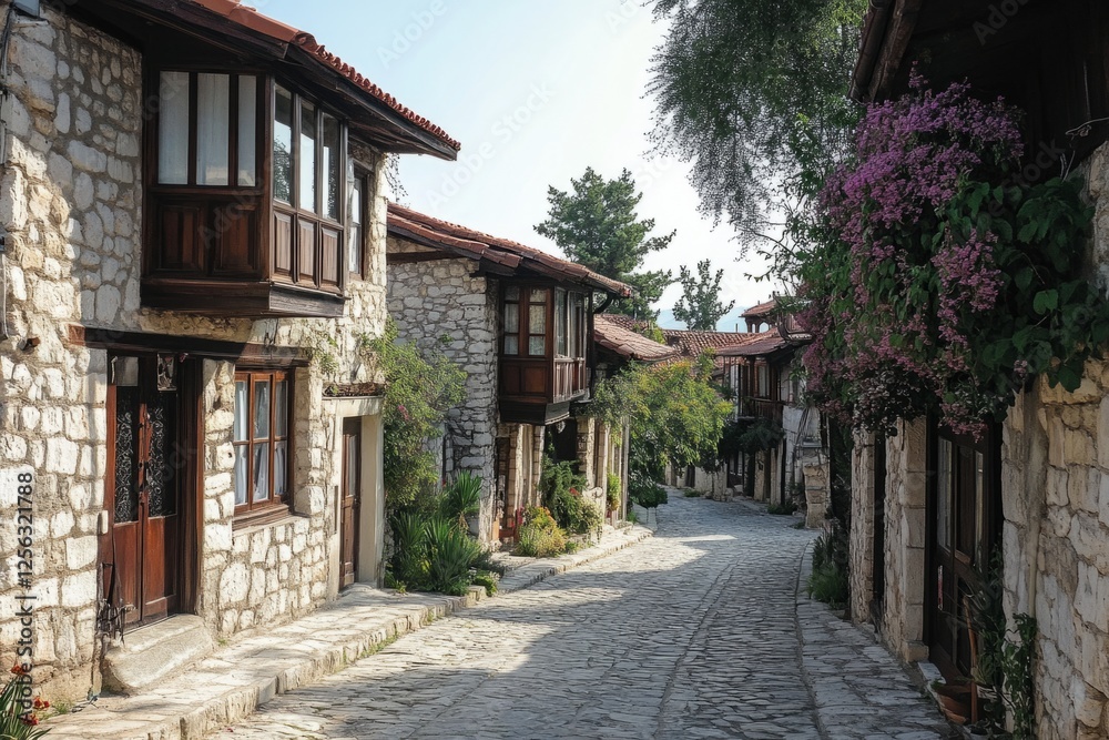 Picturesque cobblestone street showcasing traditional stone houses with charming wooden balconies Picturesque cobblestone street showcasing traditional stone houses with charming wooden balconies
