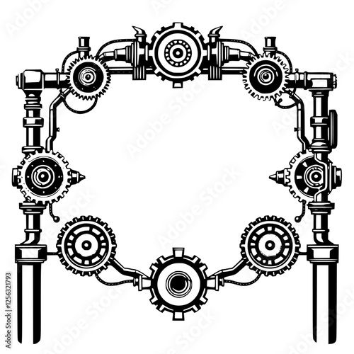 Industrial steampunk frame with gears, tubes and pipes. A monochrome border illustration with gears and a white negative space inside.