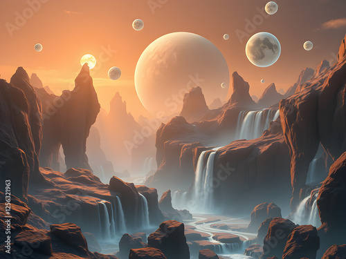 Wallpaper Mural A low-gravity alien planet with floating rock formations, cascading waterfalls, and glowing energy orbs in the air. Torontodigital.ca