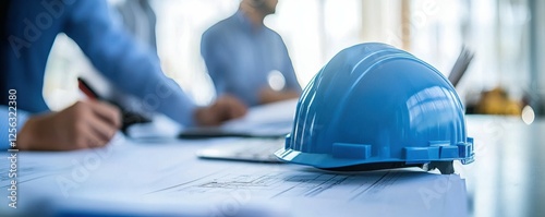 Blue hard hat on engineering blueprints in office with professional collaboration photo