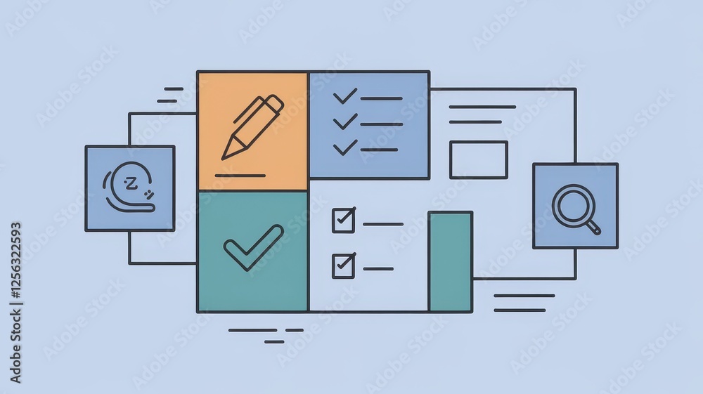 A digital illustration showcasing a workflow with checklists and notes on a soft blue background, highlighting organization and productivity. A digital illustration showcasing a workflow with checklists and notes on a soft blue background, highlighting organization and productivity.